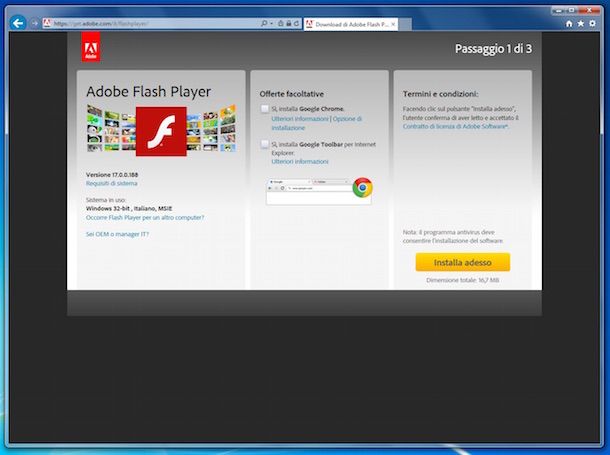 Screenshot che mostra come installare Flash Player su Internet Explorer