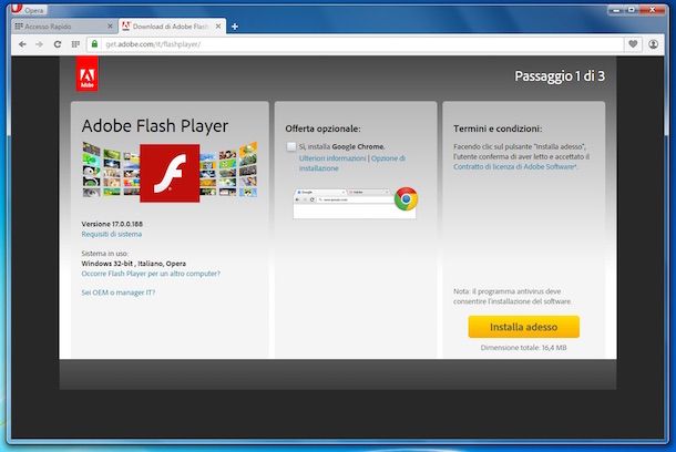 Screenshot che mostra come installare Flash Player su Opera