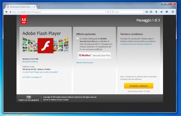 Screenshot che mostra come installare Flash Player su Mozilla Firefox