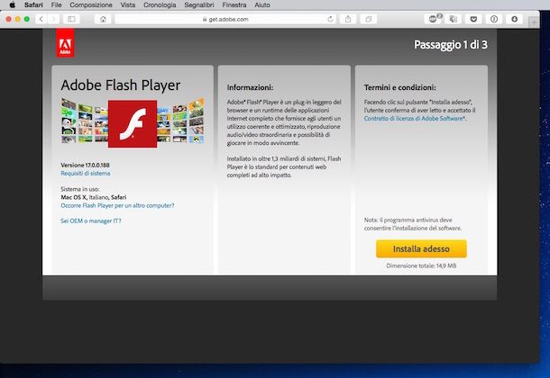 Screenshot che mostra come installare Flash Player su Safari