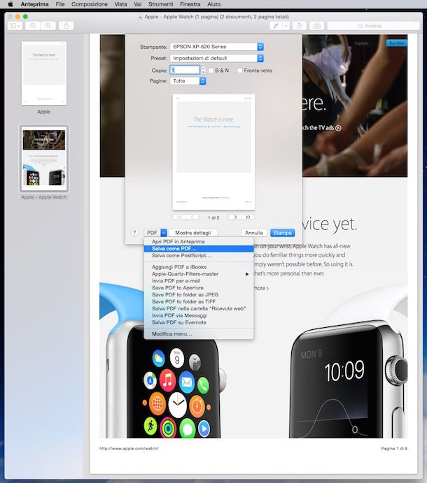 Screenshot che mostra come unire PDF Mac