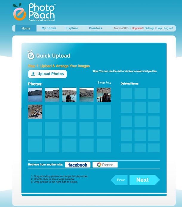 Screenshot che mostra come fare un video con foto e musica usando Photopeach