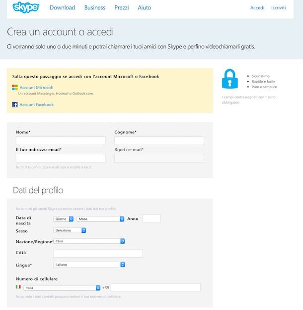 Screenshot che mostra come creare un account Skype