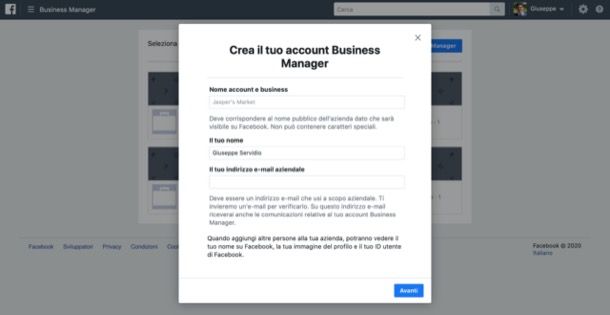 Creazione account Business Manager