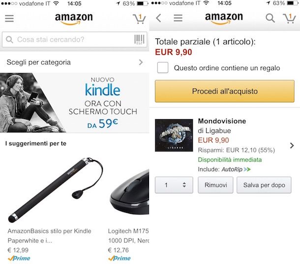 Screenshot che mostra come comprare su Amazon Italia da smartphone