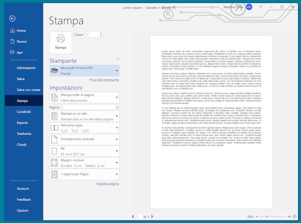 Stampante virtuale di Windows 10 in Microsoft Word