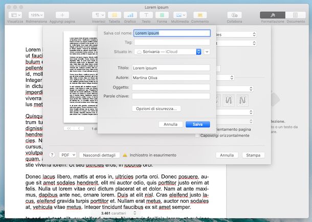 Stampante virtuale di macOS in Pages