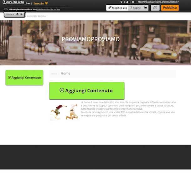 Screenshot che mostra come aprire un sito gratis con 1 Minute Site