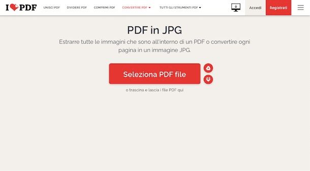 Pagina iLovePDF conversione PDF to JPG