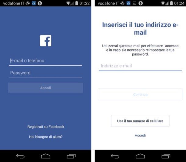 Screenshot che mostra come registrarsi su Facebook