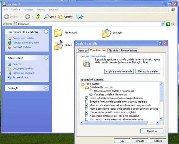 Screenshot che mostra come visualizzare file nascosti su Windows XP