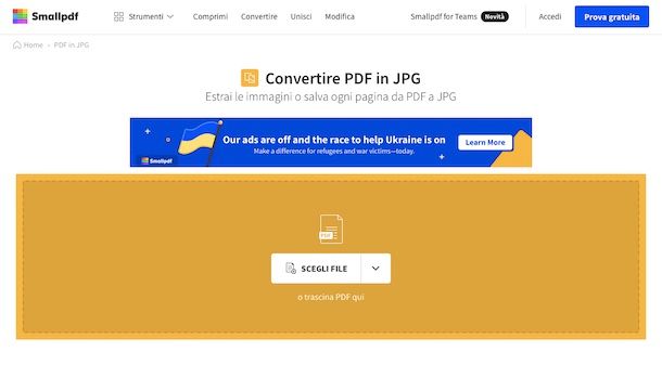 SmallPDF pagina di conversione PDF to JPG