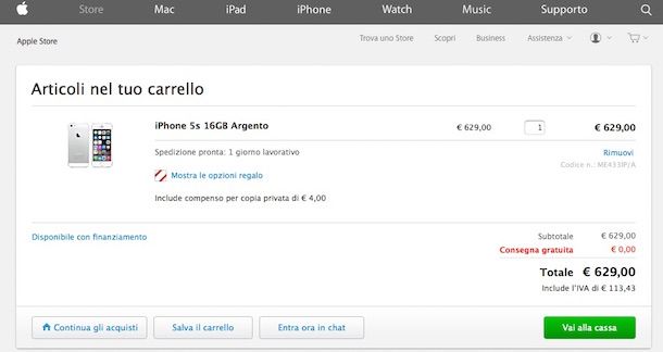 Screenshot che mostra come comprare iPhone 5S