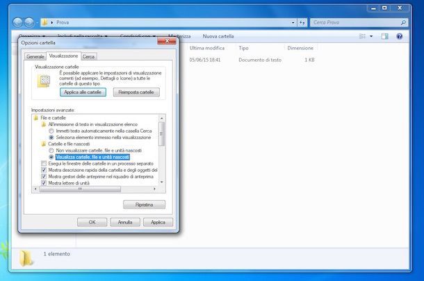 Screenshot che mostra come visualizzare file nascosti su Windows 7