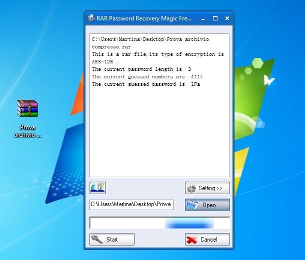 Screenshot che mostra come trovare password RAR