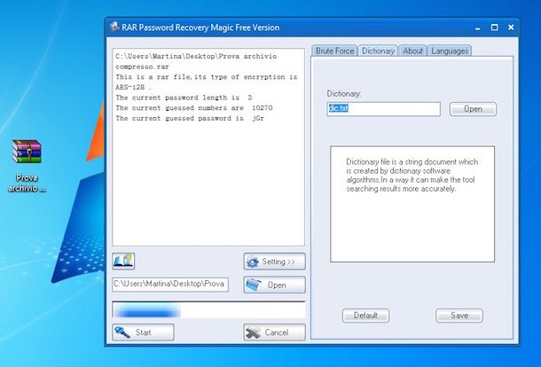 Screenshot che mostra come trovare password RAR