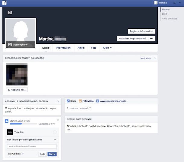Screenshot che mostra come registrarsi su Facebook