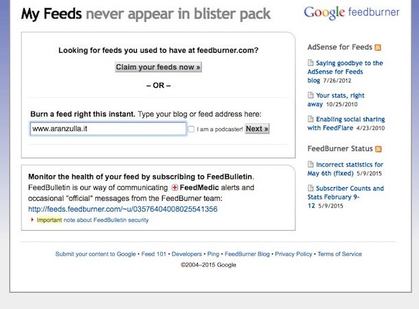 Screenshot che mostra come creare feed RSS