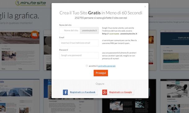 Screenshot che mostra come aprire un sito gratis con 1 Minute Site