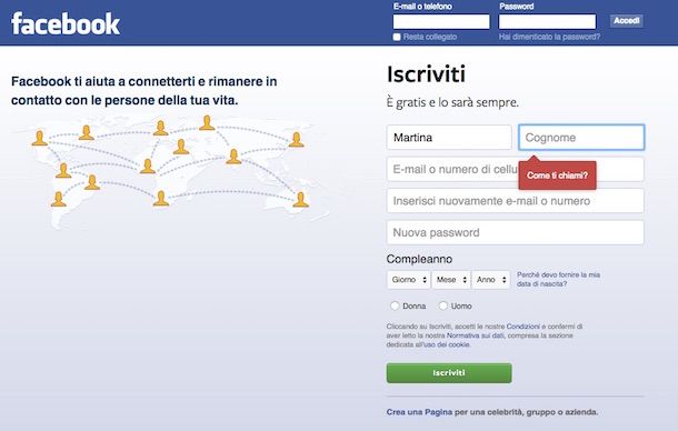 Screenshot che mostra come registrarsi su Facebook
