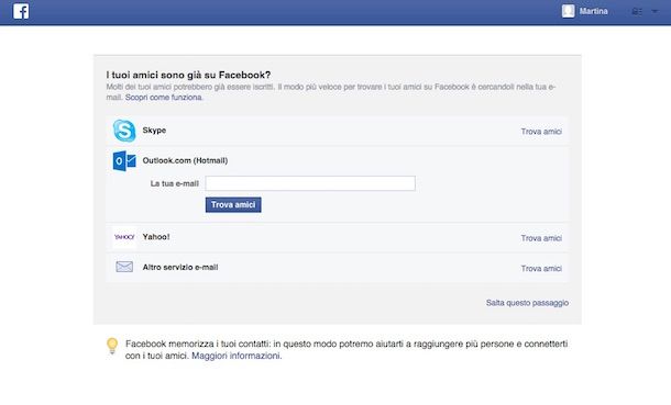 Screenshot che mostra come registrarsi su Facebook