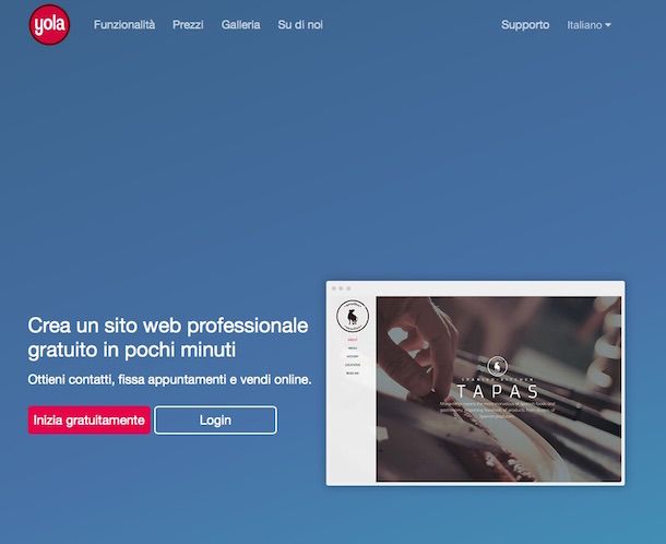 Screenshot che mostra come fare un sito gratis con Yola