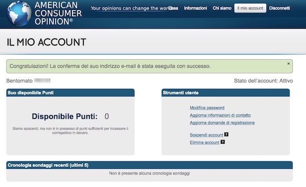 Screenshot che mostra come guadagnare con i sondaggi tramite American Consumer Opinioni