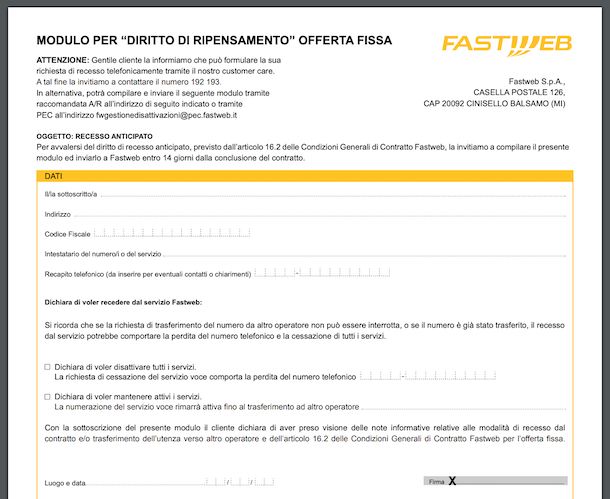 Modulo per diritto di ripensamento Fastweb