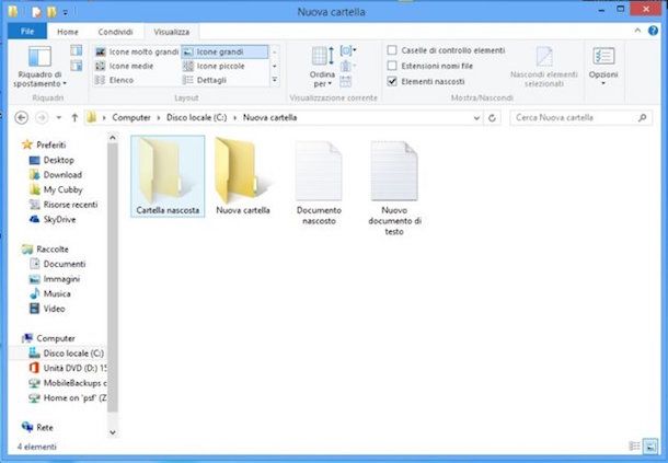 Screenshot che mostra come visualizzare file nascosti su Windows 8