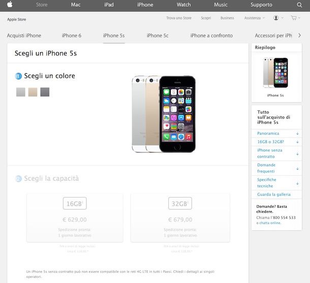 Screenshot che mostra come comprare iPhone 5S