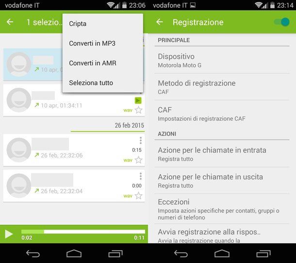 Screenshot che mostra come registrare telefonate