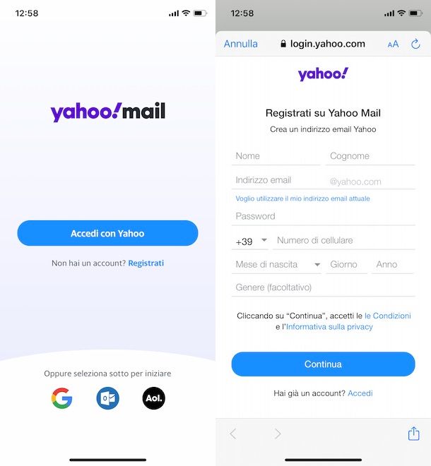 Creare indirizzo email Yahoo da smartphone e tablet