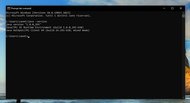 Versione Java Prompt dei comandi Windows