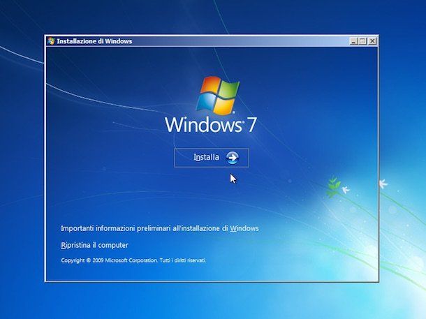 Screenshot che mostra come ripristinare Windows 7 senza CD