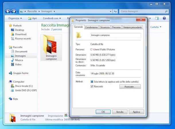 Screenshot che mostra come visualizzare cartelle nascoste Windows 7