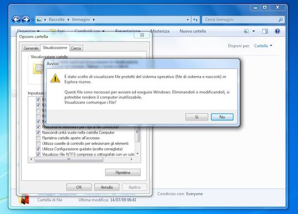 Screenshot che mostra come visualizzare cartelle nascoste Windows 7