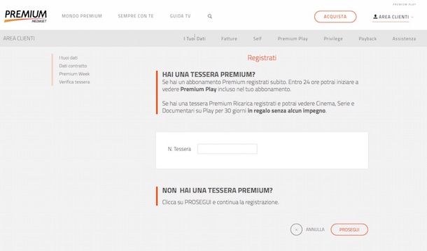 Screenshot che mostra come abbonarsi a Mediaset Premium