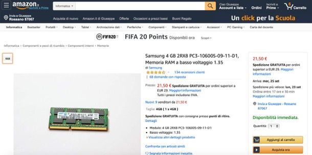 Acquistare RAM su Amazon