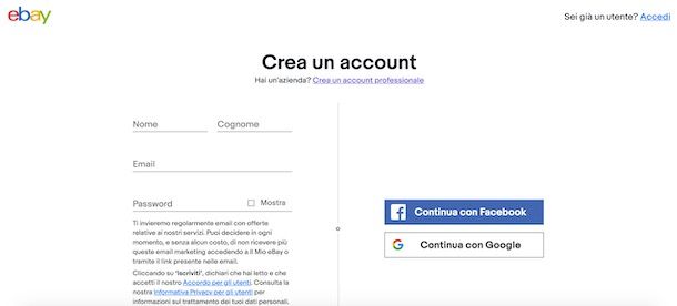 Creare un account su eBay