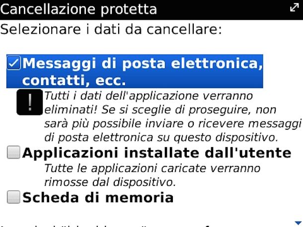 Screenshot che mostra come resettare BlackBerry