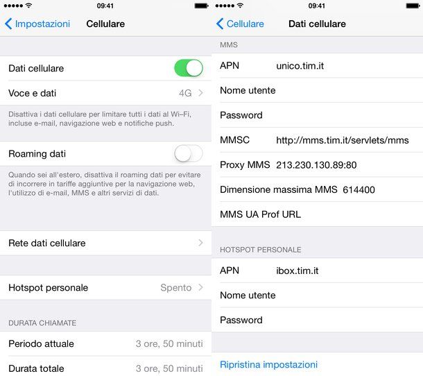 impostare rete dati cellulare iphone tim