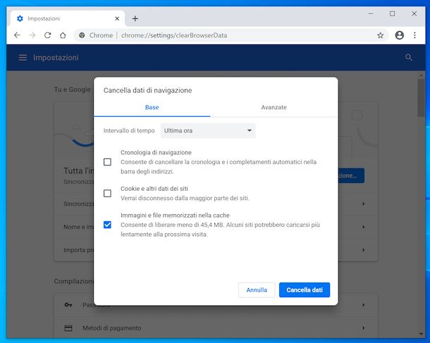 Cancellare cache Chrome