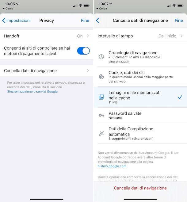 Cancellare cache Chrome iPhone