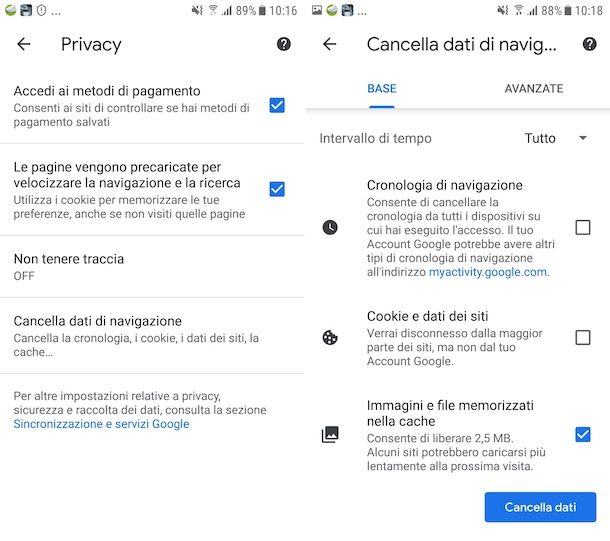 Cancellare cache Chrome Android