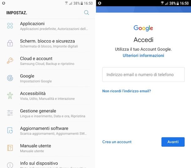 Screenshot account Google su Samsung