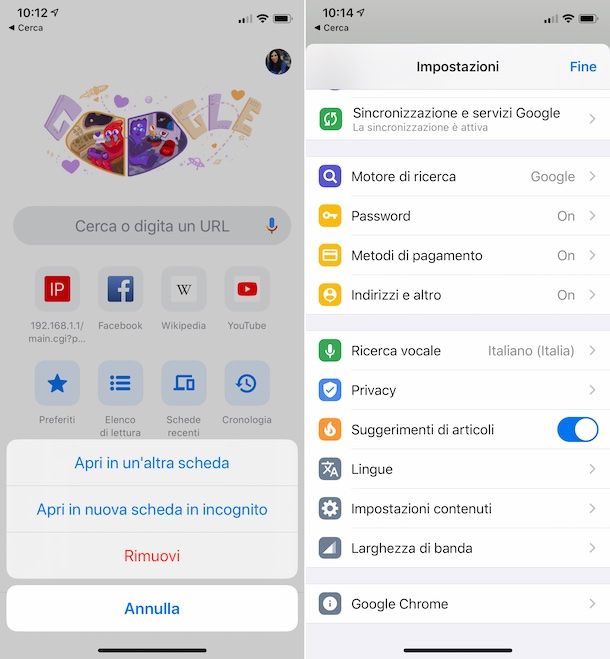 Pagina nuova scheda Chrome iOS
