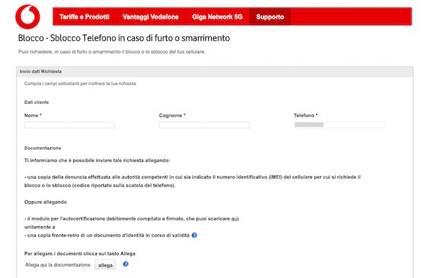 Modulo Vodafone per il blocco del telefono