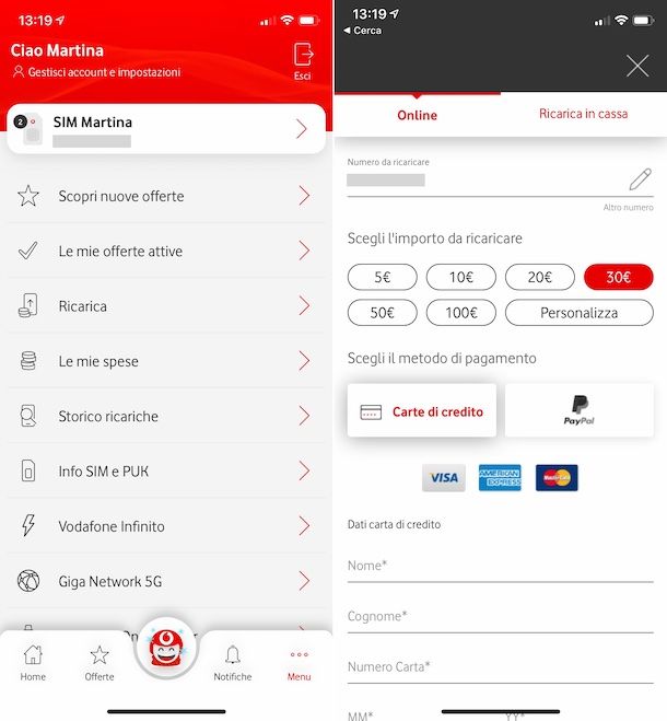 Ricaricare Vodafone con app
