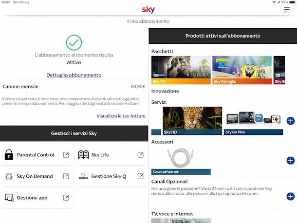 Gestione abbonamento Sky