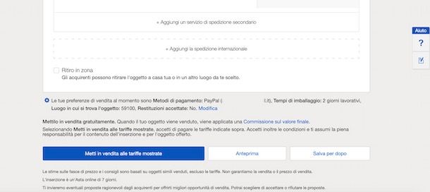 Pubblicare inserzione di vendita su eBay